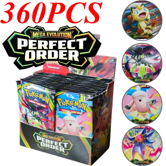 Pacchetto di carte Pokémon Mega Evolution PERFECT ORDER Series con bundle di booster, visualizzate in una scatola di carte collezionabili.