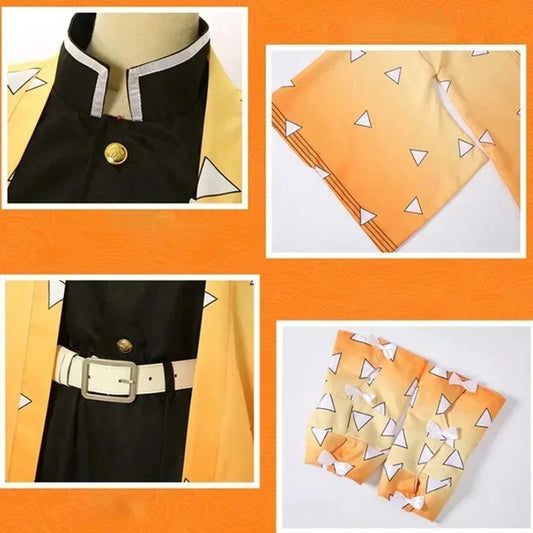 Costume cosplay per adult e bambini Kimetsu No Yaiba Agatsuma Zenitsu, uniforme Kimono per festa Halloween, dettaglio dell'abito.