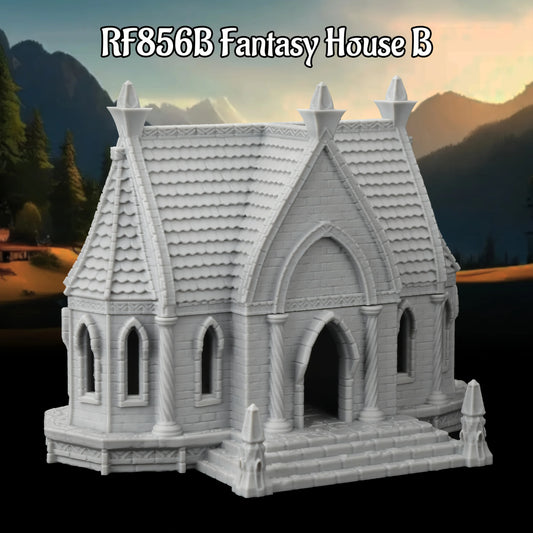 Miniature scena di casa fantasy, set terreno per giochi di ruolo tabletop, con dettagli artistici e elementi di ambientazione fantasy.