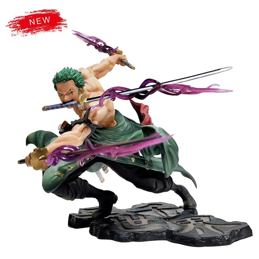 Action figure Roronoa Zoro a tre spade di 10 cm, personaggio di One Piece, marchio Otaku Family Store.