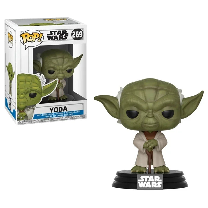 Figurine Funko Pop Star Wars con Boba Fett, Yoda e Darth Vader, dettagli colorati e caratteristiche distintive.