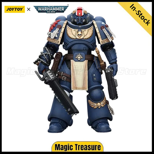 Action figure Warhammer 40K Ultramarines Titus con allori di vittoria, dettagliata figura in scala 1/18.