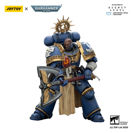 Miniatura Ultramarines Warhammer 40K Metaurus in scala 1/18, figura dettagliata del set JOYTOY con armatura blu e armi futuristiche