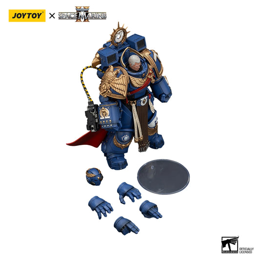 Figura d'azione Warhammer 40K Ultramarines Marneus Calgar e Victrix Honour Guard, modello 1/18, con dettagli realistici e armature.