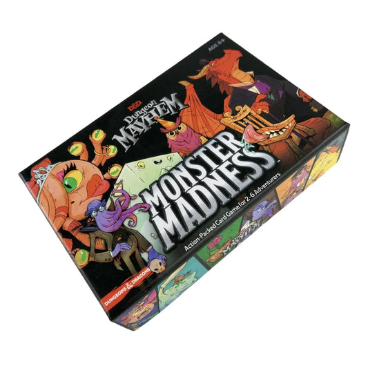 Gioco di carte Dungeon Mayhem di Otaku Family Store, gadget con dadi e carte per sfide rapide, tre varianti di gioco.