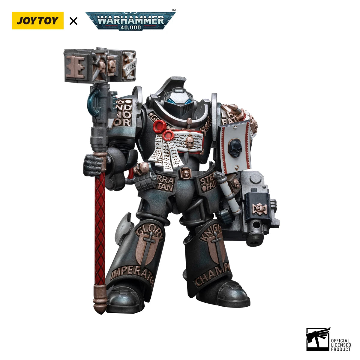 Action figure Warhammer 40K Grey Knights Grand Master Voldus Caddon Vibova in pose, dettagliata con armatura e armi, livello superiore di qualità.