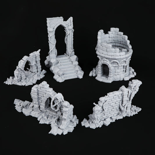 Set di miniature RPG con case e torre in miniatura per giochi di ruolo, dettagli realistici e decorativi per tavoli da gioco.