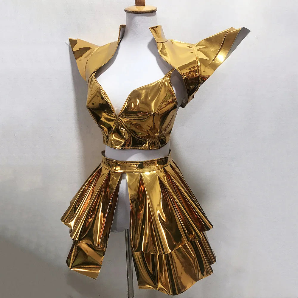 Mini gonna in pelle con dettagli dorati e argentati, costume cosplay con laser, perfetta per danza e cosplay Otaku Family.
