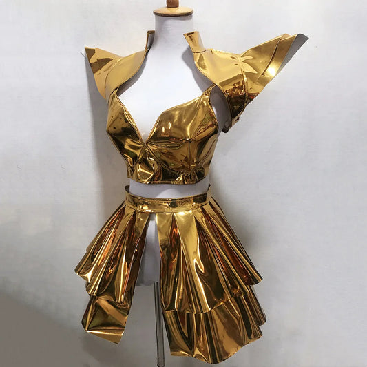 Mini gonna in pelle con dettagli dorati e argentati, costume cosplay con laser, perfetta per danza e cosplay Otaku Family.
