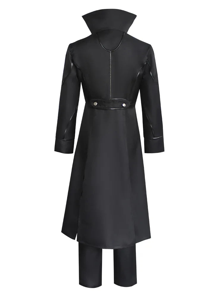Costume cosplay completo di Joker Persona 5 con cappotto nero, parrucca, maschera, guanti e accessori, ispirato a Rain Palace Lotus.