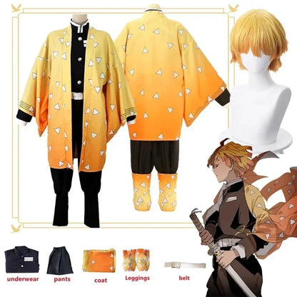 Costume cosplay di Zenitsu Agatsuma di Demon Slayer Kimetsu No Yaiba per adulti e bambini, uniforme kimono per Halloween e feste.