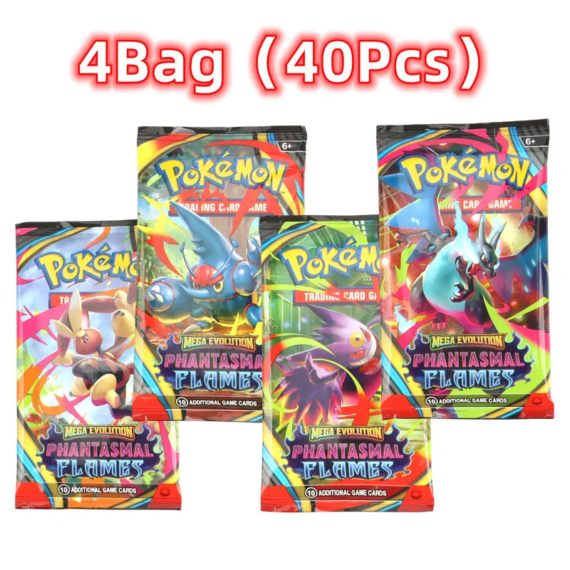 Box di 4 booster Pokémon TCG Mega Evolution, Phantasmal Flames, Ascended Heroes con carte in inglese, Otaku Family Store.