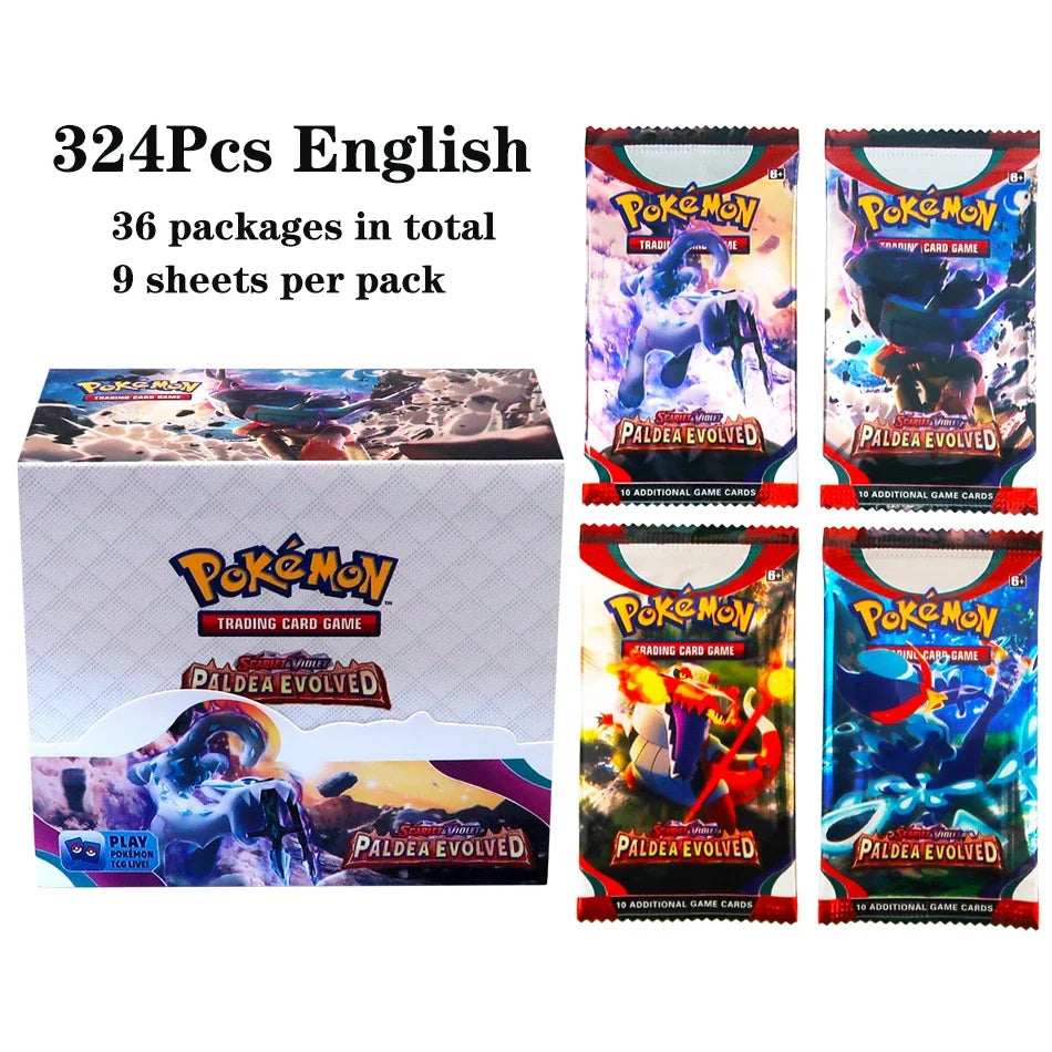 Lotto di 36 buste di carte Pokémon TCG in lingua inglese, display box con 324 carte, marca Otaku Family Store Online.