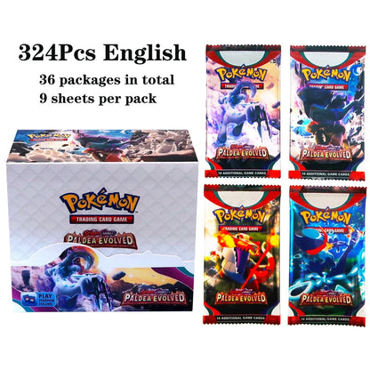 Lotto di 36 buste di carte Pokémon TCG in lingua inglese, display box con 324 carte, marca Otaku Family Store Online.