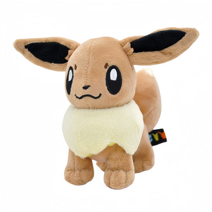 Set completo di peluche Pokémon Eevee e famiglia, include Sylveon, Umbreon, Vaporeon, Flareon e Pikachu, morbidi e colorati.