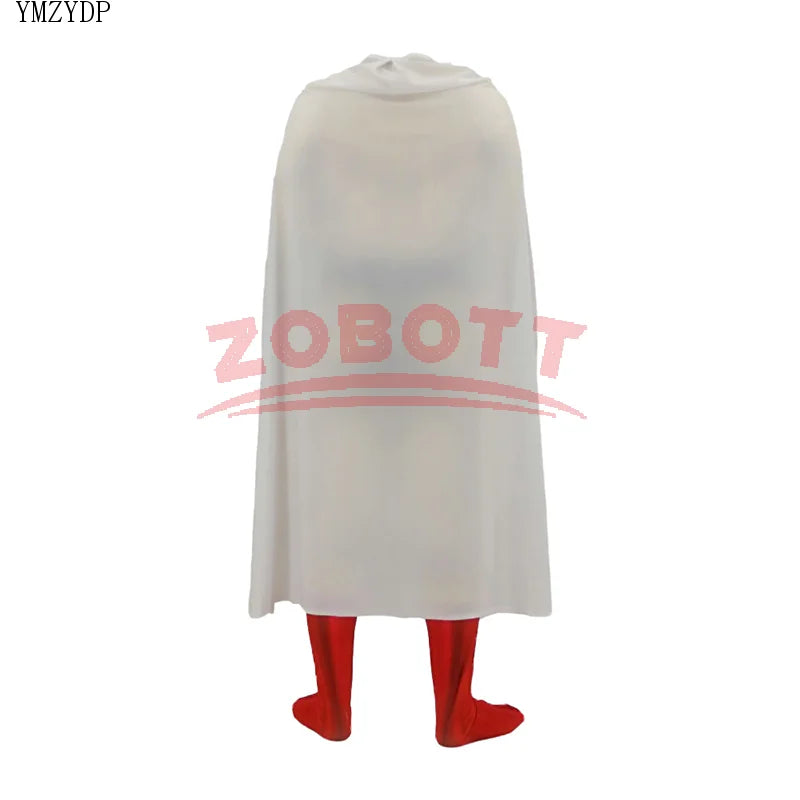 Costume cosplay di Saitama da One Punch Man con tuta, mantello, maschera e accessori per eventi anime e cosplay.