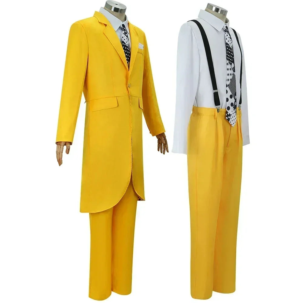 Costume cosplay Jim Carrey con maschera verde e uniforme gialla per adulti, perfetto per Halloween e performance teatrali.