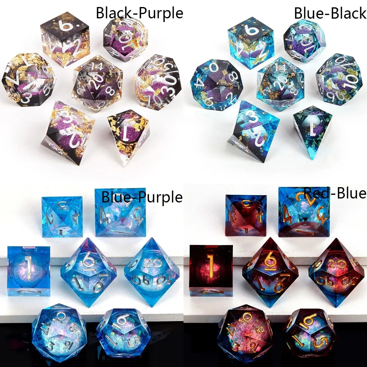 Set di dadi in resina liquida con bordi affilati, gadget RPG della collezione Otaku Family Store Online.