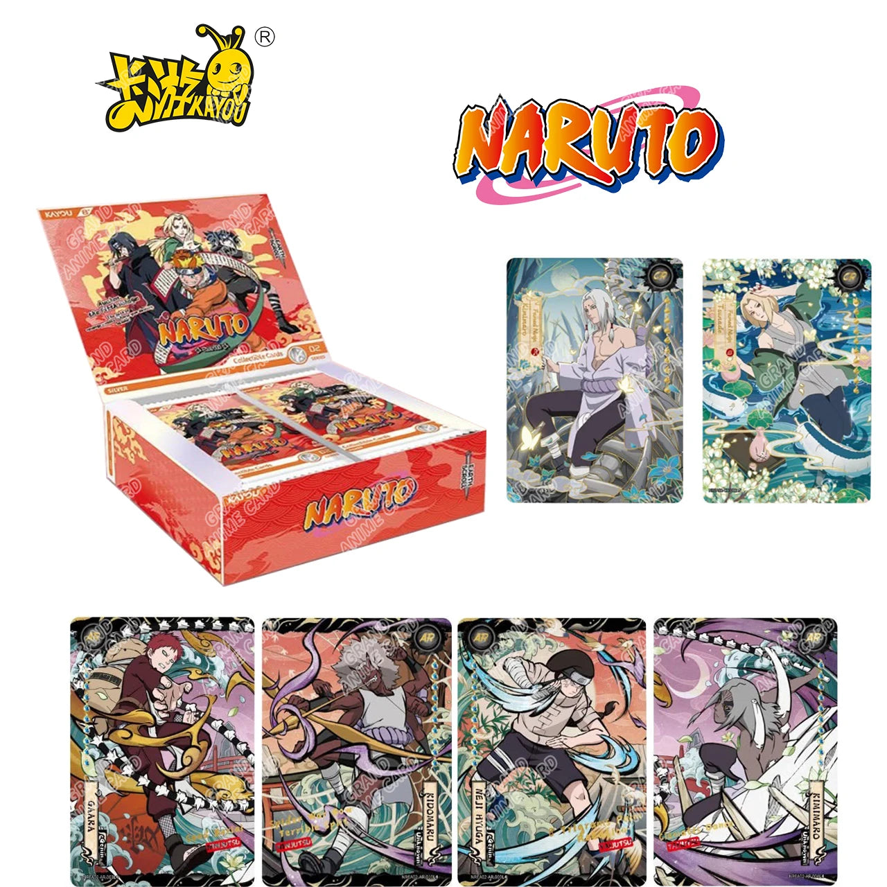 Scatola di carte Naruto della collezione KAYOU, versione globale, con immagini di personaggi Naruto e simboli colorati.