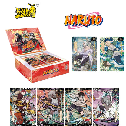 Scatola di carte Naruto della collezione KAYOU, versione globale, con immagini di personaggi Naruto e simboli colorati.
