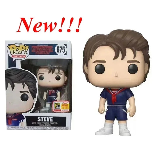 Funko Pop Stranger Series: Eddie, Dustin, Steve, Robin, Eleven vinyl figurine set, dettagli colorati e personaggi iconici.