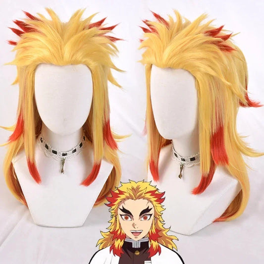 Costume cosplay Rengoku Kyojuro Demon Slayer Kimetsu no Yaiba per adulti e bambini, con parrucca e accessori, ideale per feste.