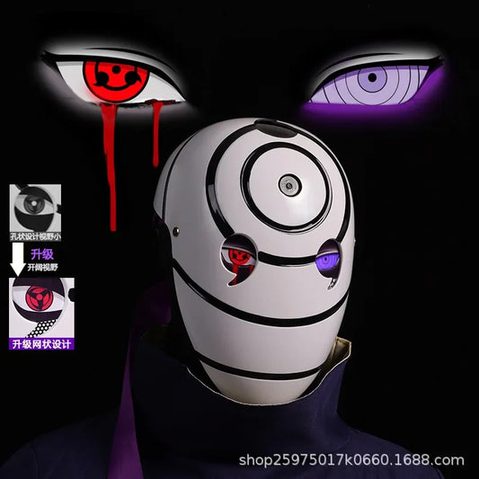 Maschera cosplay Uchiha Obito Sharingan Akatsuki Naruto, maschera nera con simboli rossi e dettagli realistici.