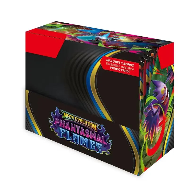 Scatola booster di carte Black Bolt TCG in inglese con 360 carte, immagini di carte con megaevoluzioni e effetti fiamme fantasma