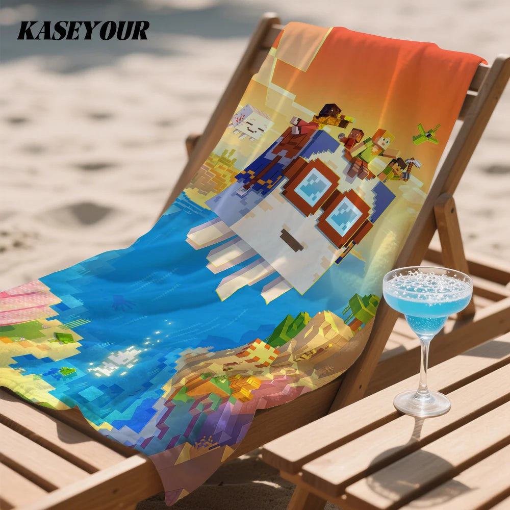 Asciugamano mare Minecraft in microfibra ultra assorbente, gadget colorato con design a blocchi, ideale per la spiaggia.