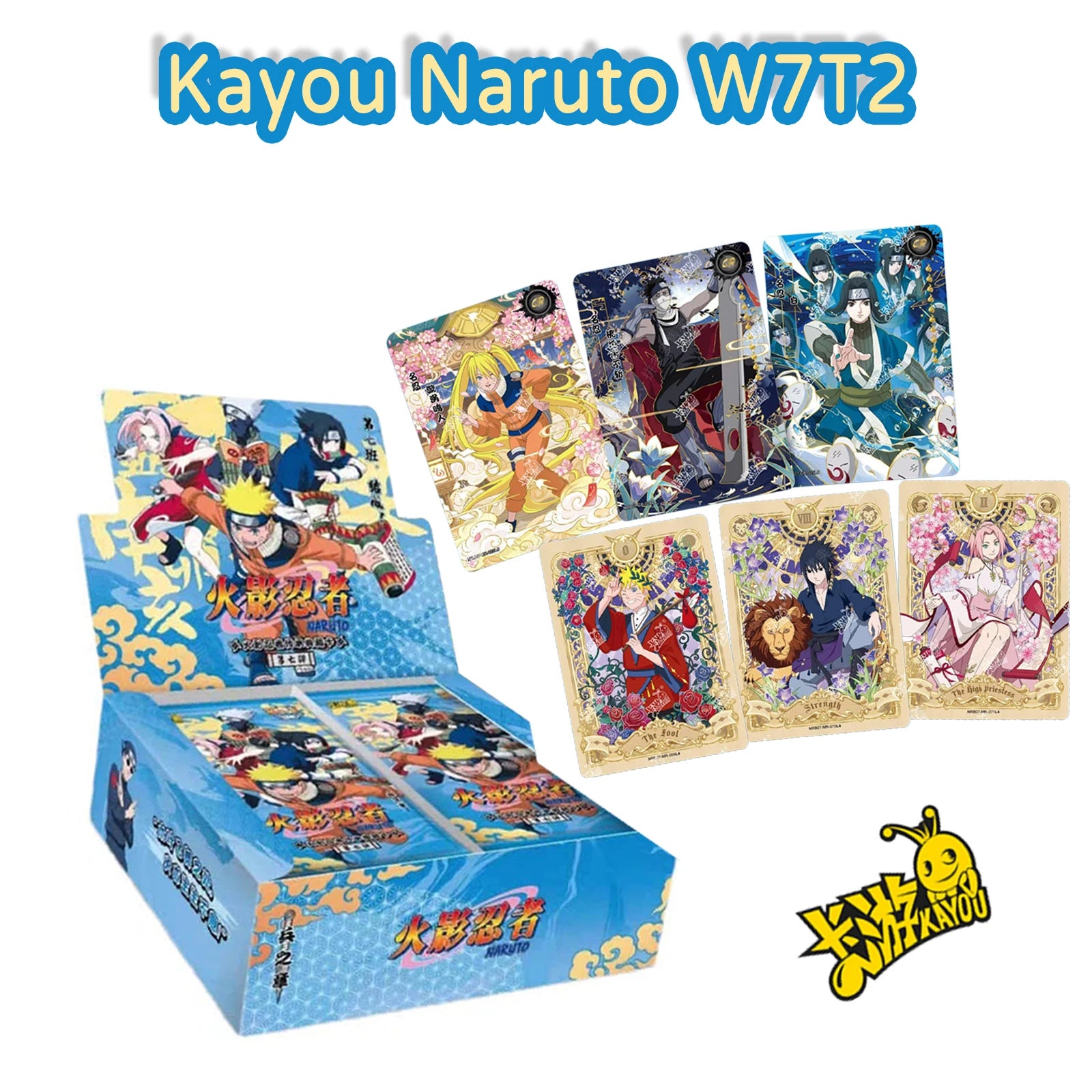 Scatola di carte da collezione Naruto Kayou Booster Box T2W9 e T4W8, con illustrazioni di personaggi Naruto.