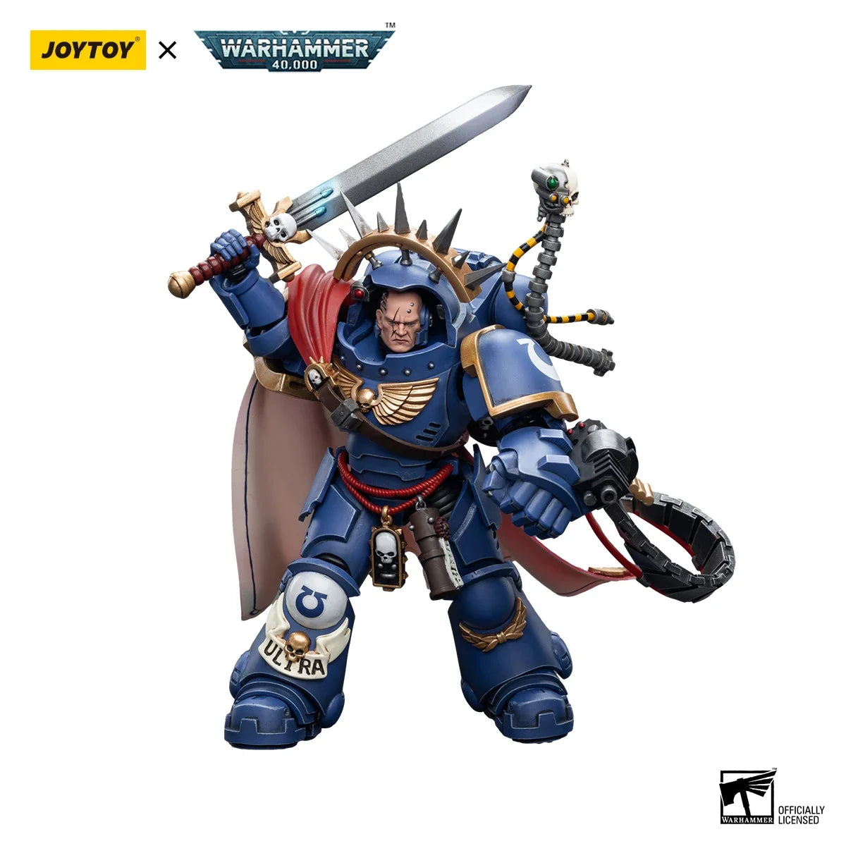 Action figure Warhammer 40k Ultramarines Captain in Gravis Armour, 1/18 scale, dettagliata e articolata.
