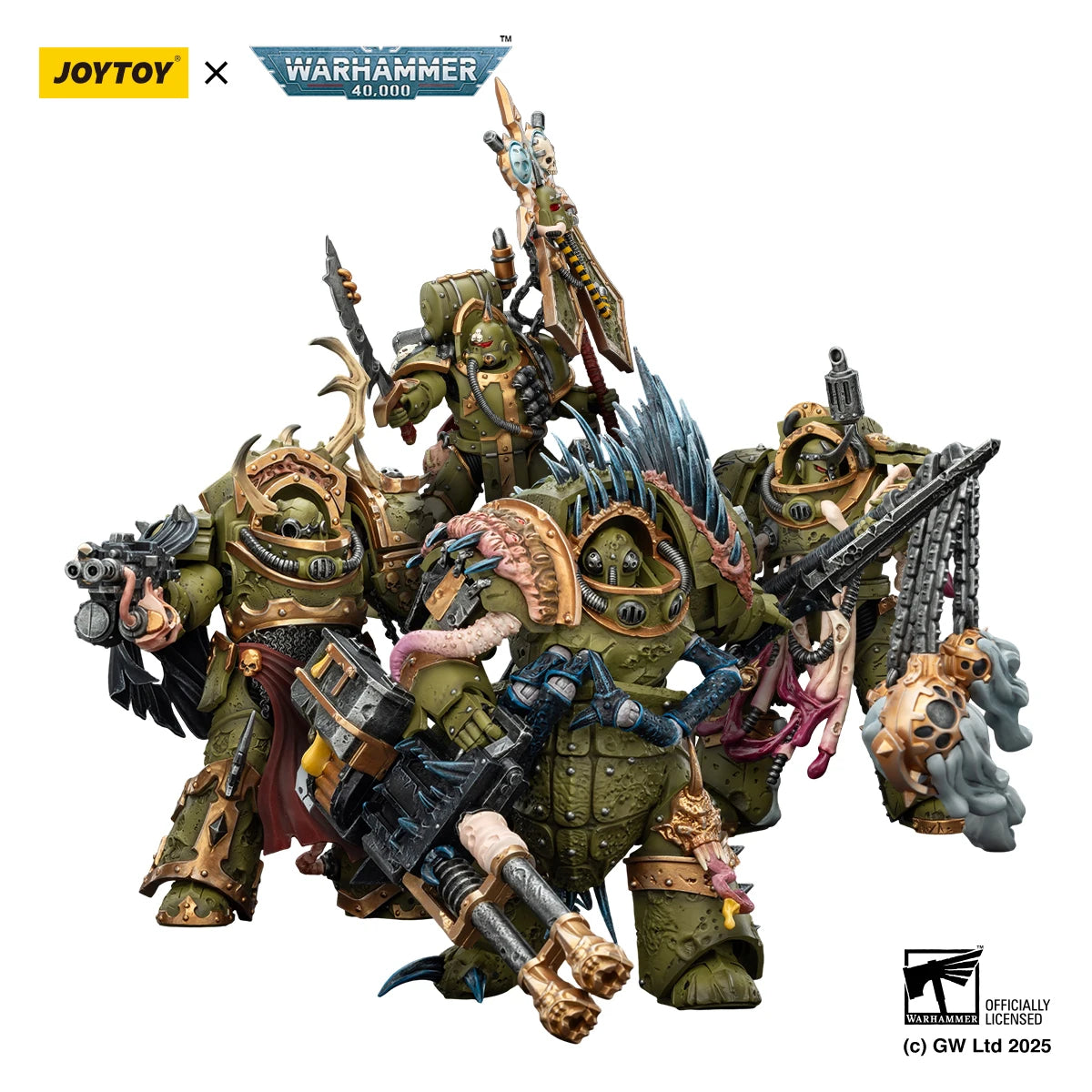 Action figure Warhammer 40K Abaddon the Despoiler e Death Guard in armatura primus, set di 3 pezzi con dettagli realistici.