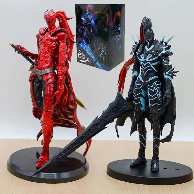 Action figure Igris, il Comandante Rosso Sangue di Solo Leveling, con dettagli artistici e pose dinamiche.