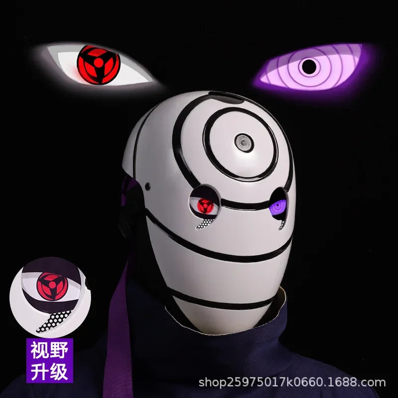 Maschera cosplay Uchiha Obito Sharingan Akatsuki Naruto, maschera rossa con simboli neri, ideale per cosplay anime e eventi.