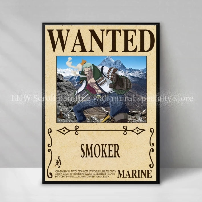 Figura d'azione One Piece Anime Wanted Notice gialla, decorazione murale di alta qualità, dettagliata e colorata, del brand Otaku Family Store.
