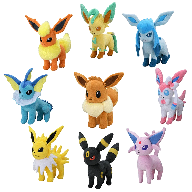 Set completo di peluche Pokémon Eevee, Sylveon, Umbreon, Vaporeon, Flareon e Pikachu, morbidi e adorabili.