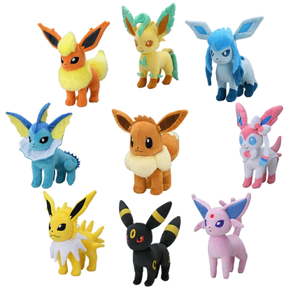 Set completo di peluche Pokémon Eevee, Sylveon, Umbreon, Vaporeon, Flareon e Pikachu, morbidi e adorabili.
