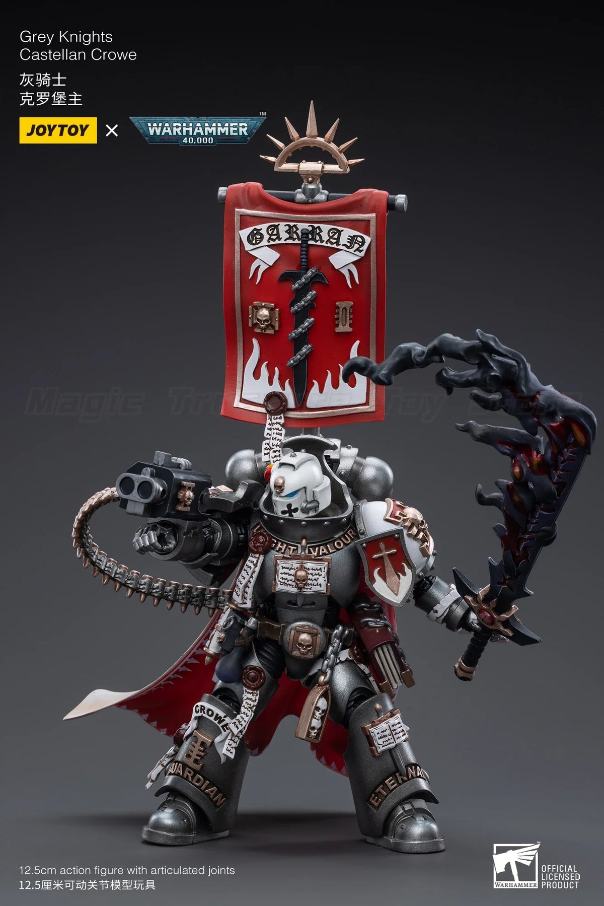 Figura d'azione Warhammer 40K Grey Knights Castellan Crowe della Otaku Family Store, dettagliata e articolata.