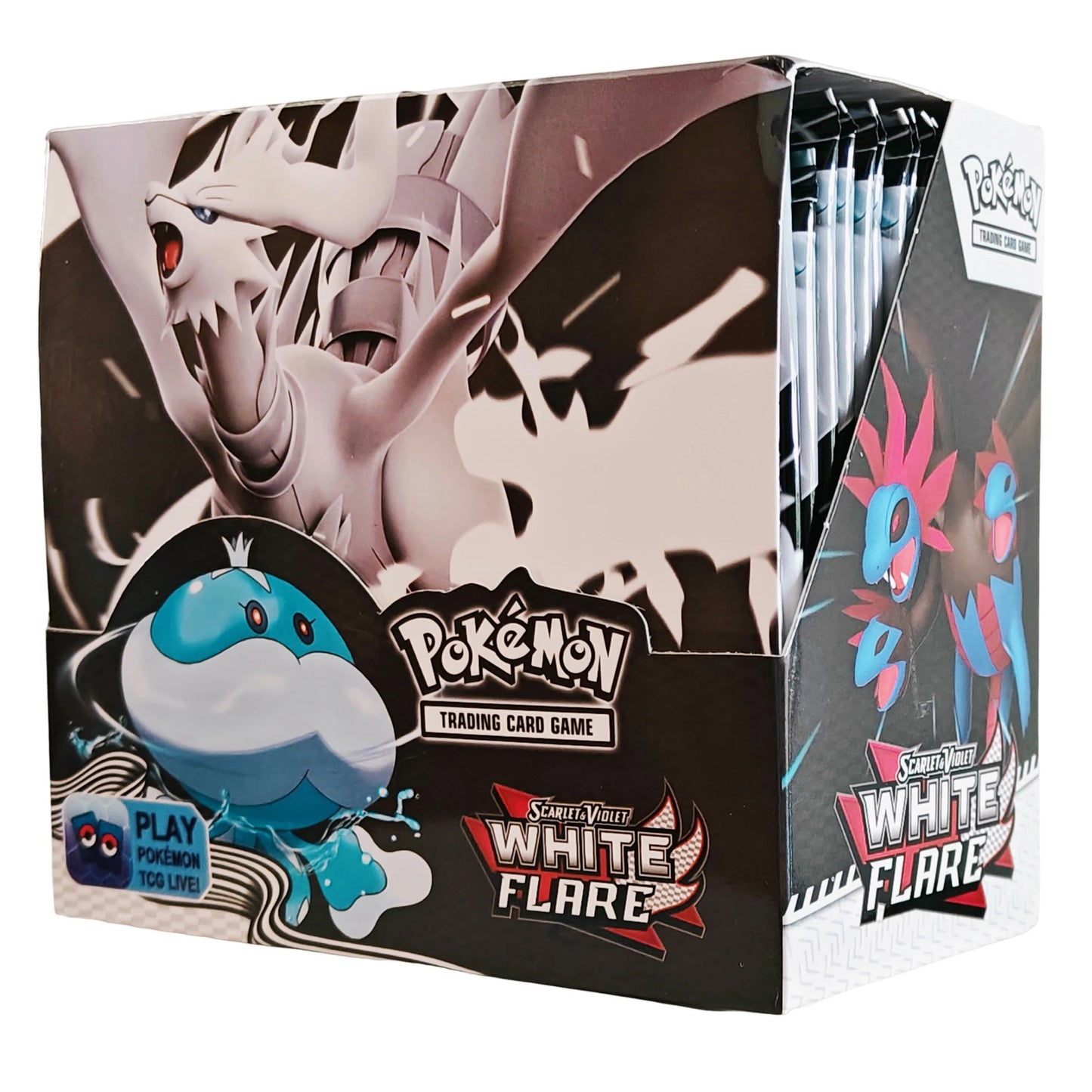 Scatola di booster di carte Black Bolt TCG Otaku Family Store, 360 carte in inglese con immagini di megaevoluzioni e fiamme fantasma.