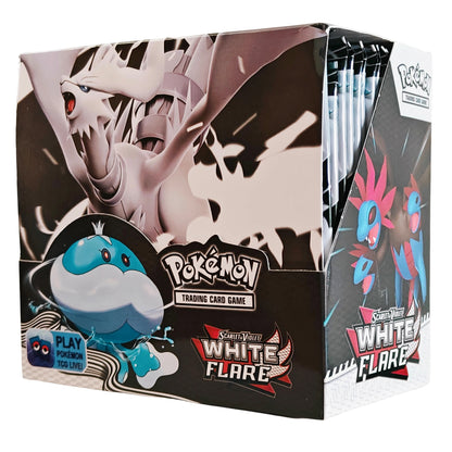 Scatola di booster di carte Black Bolt TCG Otaku Family Store, 360 carte in inglese con immagini di megaevoluzioni e fiamme fantasma.