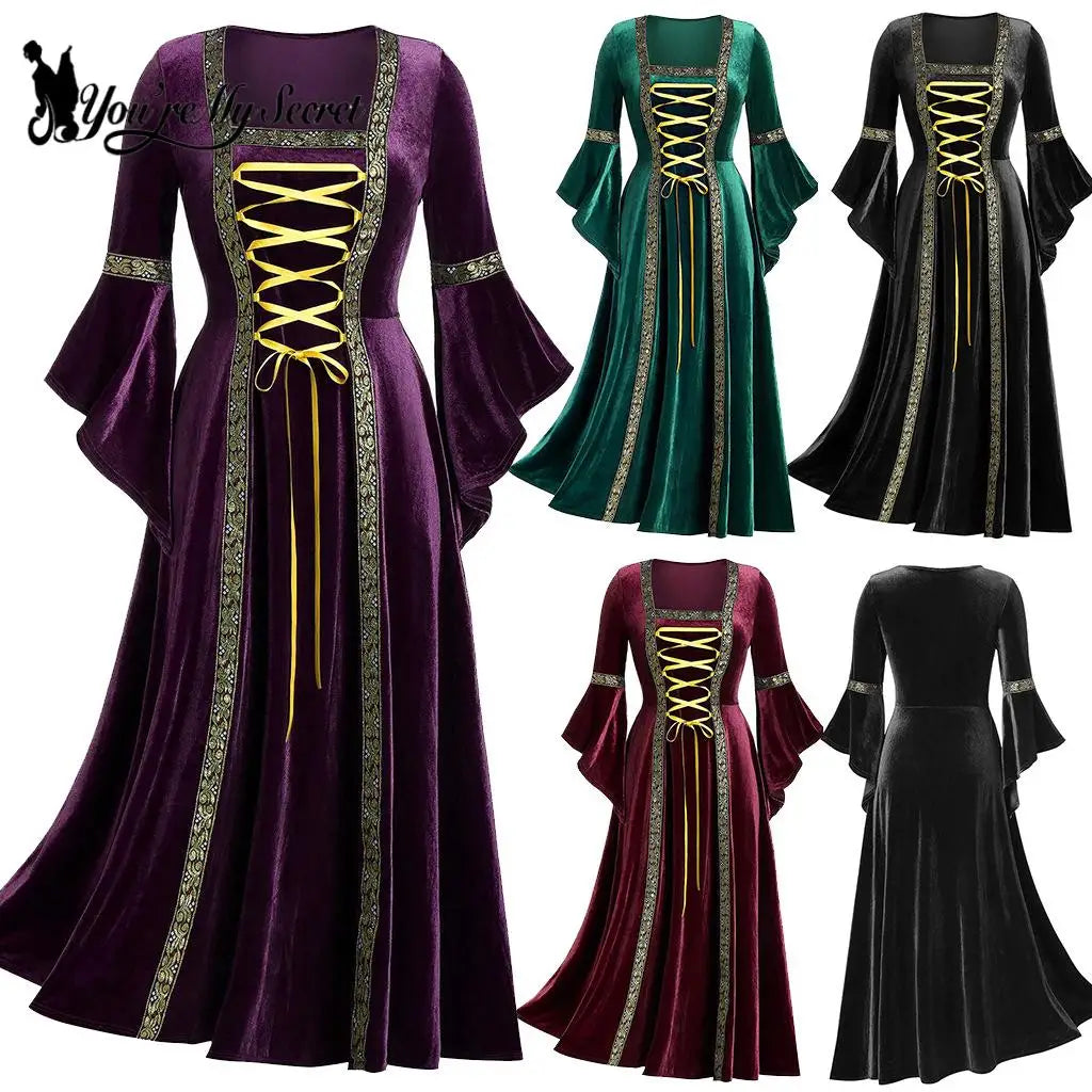 Vestito cosplay gotico punk da donna, stile medievale e regale, con dettagli nobili e dettagli vintage, ideale per Halloween e carnevale.