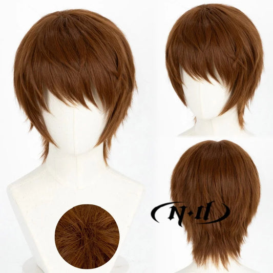 Parrucca cosplay Light Yagami da Death Note, capelli castano chiaro in stile anime, alta qualità con fibra Kanekalon.