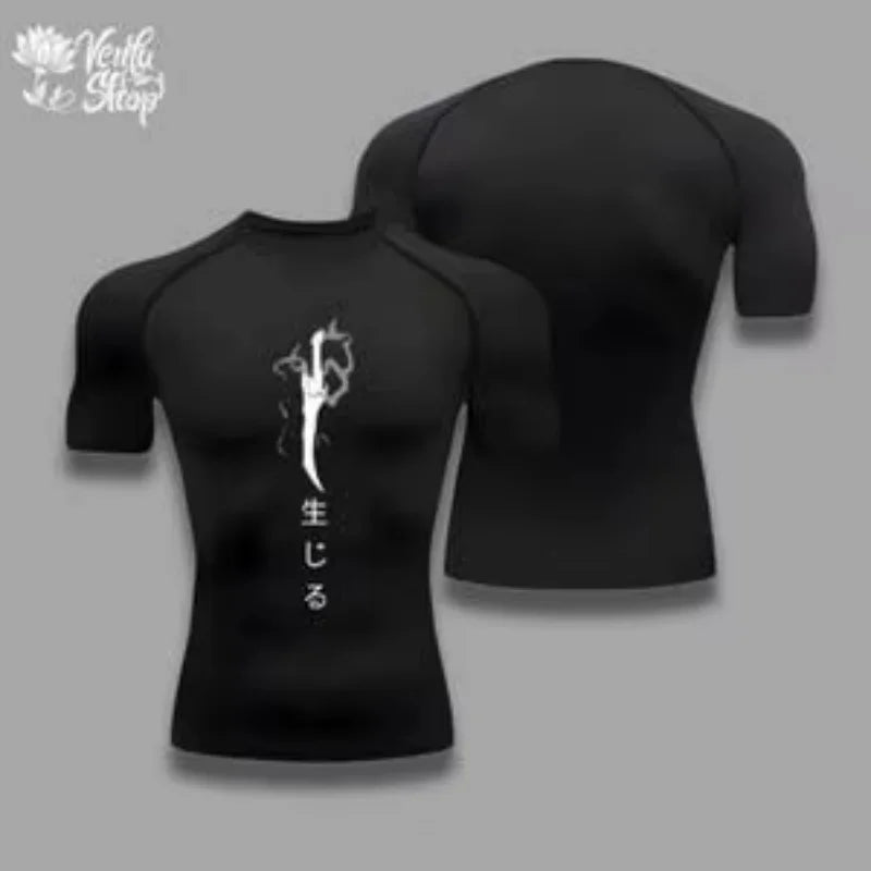 Maglietta compressiva Jin Woo Solo Leveling Anime Muscleshirt sportwear, tessuto aderente con stampa dettagliata del personaggio.