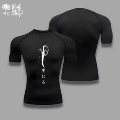 Maglietta compressiva Jin Woo Solo Leveling Anime Muscleshirt sportwear, tessuto aderente con stampa dettagliata del personaggio.