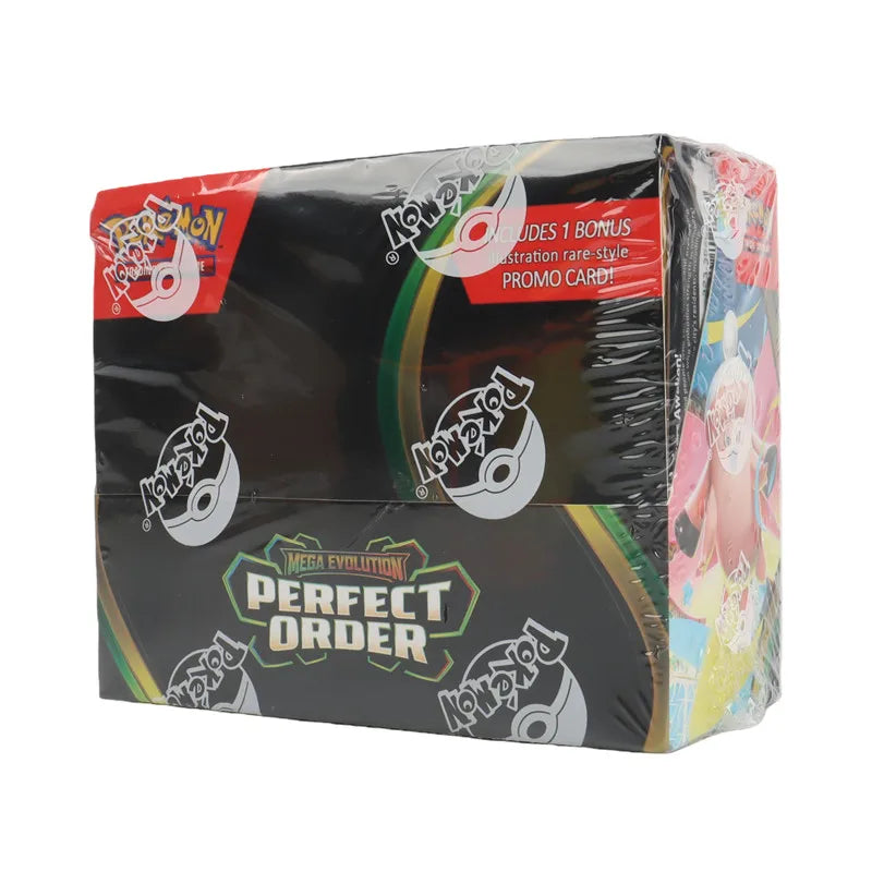 Booster box di carte Pokémon TCG Mega Evolution, edizione Perfect Order, con immagini di carte e confezione colorata