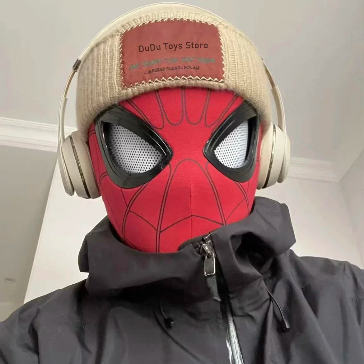 Maschera di Spiderman con occhi mobili, costume cosplay di Peter Parker, tessuto elastico, ideale per Halloween e cosplay.