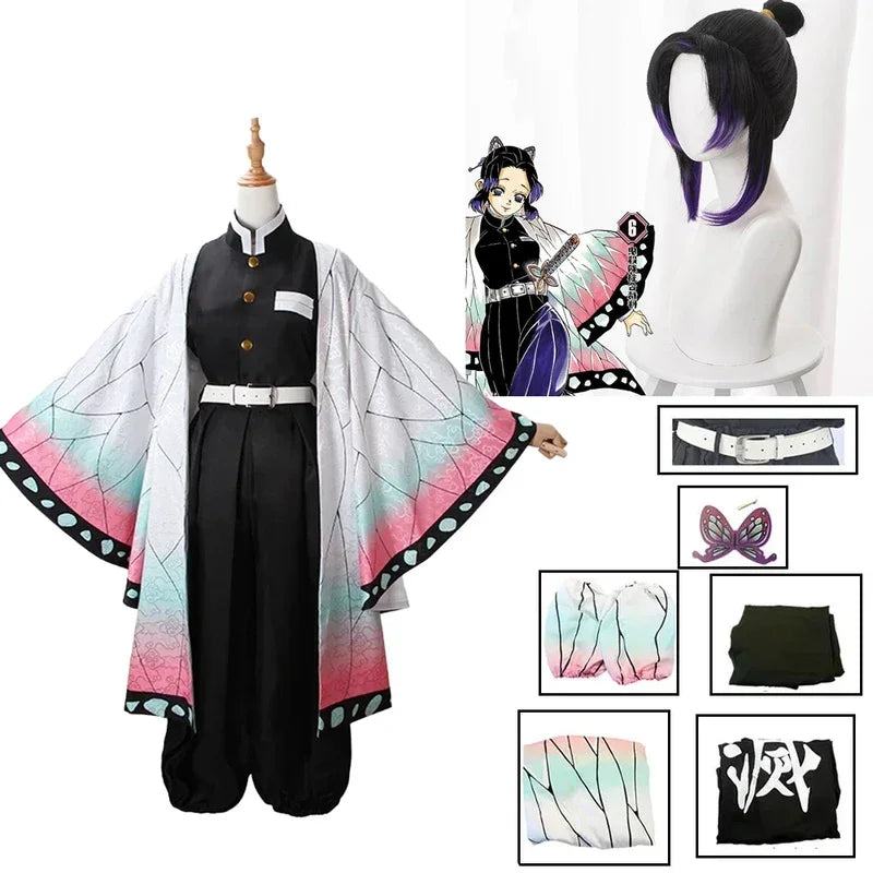 Costume cosplay di Demon Slayer Kochou Shinobu di Kimetsu no Yaiba con parrucca e dettagli del uniforme, stile autentico e realistico