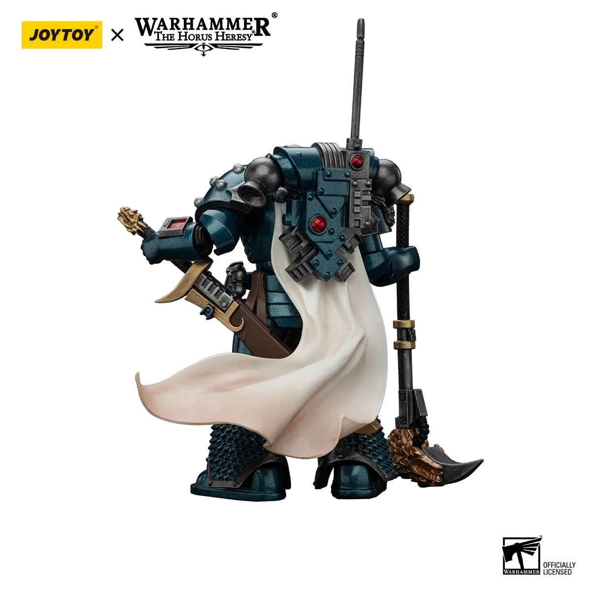 Miniatura JOYTOY Warhammer 40K Alpha Legion Praetor Armillus Dynat con spada energetica, dettagliata e colorata.