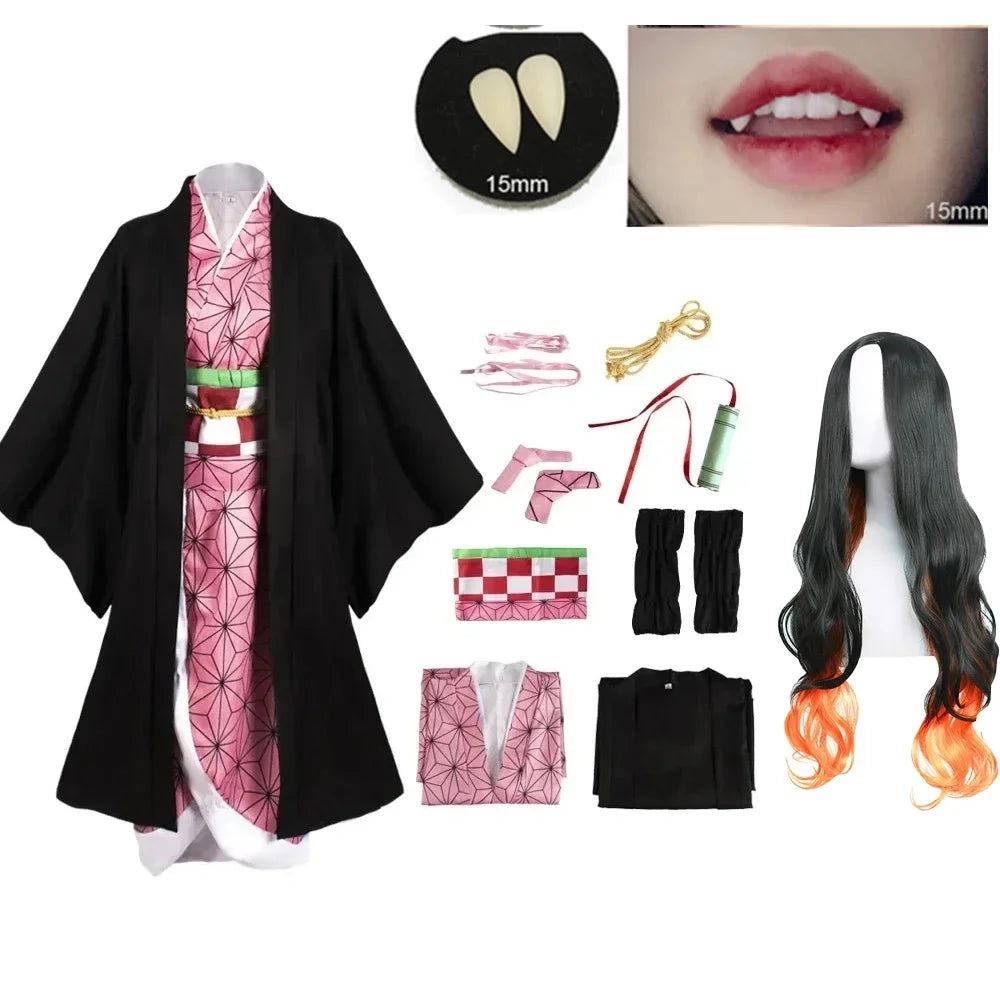 Costume cosplay Nezuko Kamado di Demon Slayer, kimono e parrucca, dettagli di alta qualità e stile autentico.