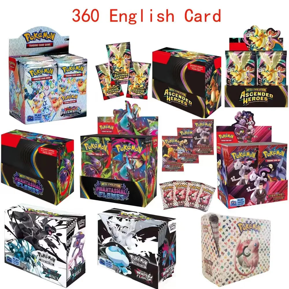 Scatola di carte Black Bolt TCG Booster Box Otaku Family Store con 360 carte in inglese, immagini di fiamme e megaevoluzioni.
